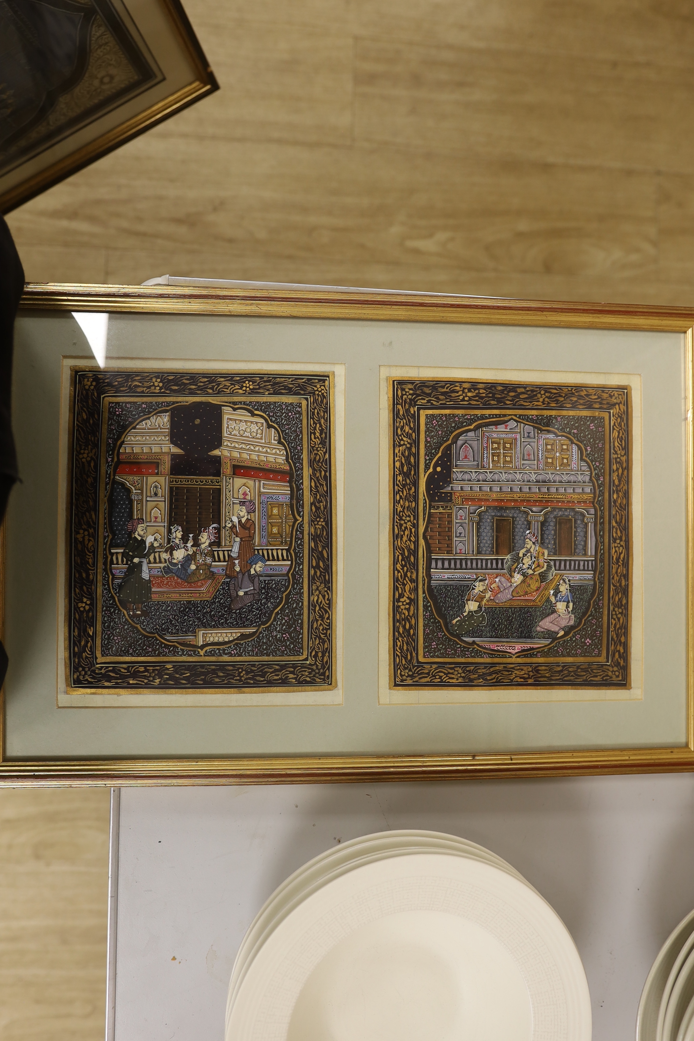A collection of Persian and Indian illuminations, including processions, emperors and attendants and ink manuscripts, largest 31 x 24cm